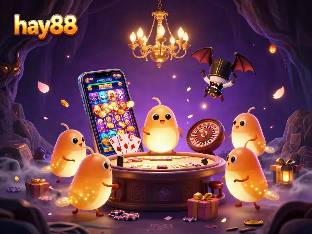 Engage with hay88 at a vibrant casino scene featuring glowworms illuminating the action with golden tails.