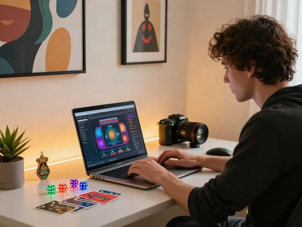 Engaging online gambling setup with akunjp branding, showcasing vibrant gaming elements.