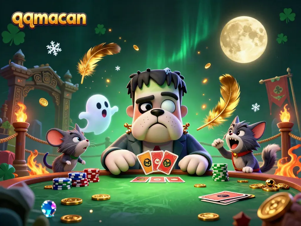 Experience thrilling gaming moments with the qqmacan scene featuring a Frankenstein bulldog and ghost mouse.